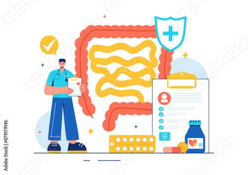 Vector Illustration of a Proctologist or Colonoscopy with a Doctor Examining the Colon and Showing Harmful Bacteria in a Flat Style Cartoon Background