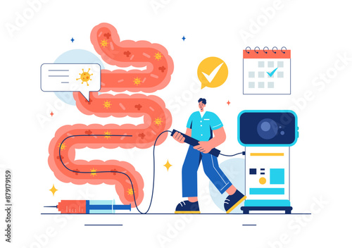 Vector Illustration of a Proctologist or Colonoscopy with a Doctor Examining the Colon and Showing Harmful Bacteria in a Flat Style Cartoon Background