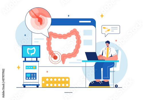 Vector Illustration of a Proctologist or Colonoscopy with a Doctor Examining the Colon and Showing Harmful Bacteria in a Flat Style Cartoon Background