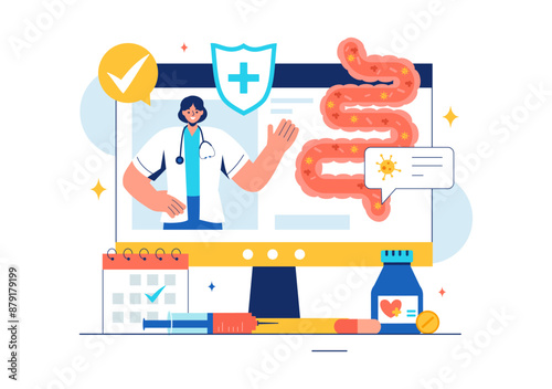 Vector Illustration of a Proctologist or Colonoscopy with a Doctor Examining the Colon and Showing Harmful Bacteria in a Flat Style Cartoon Background