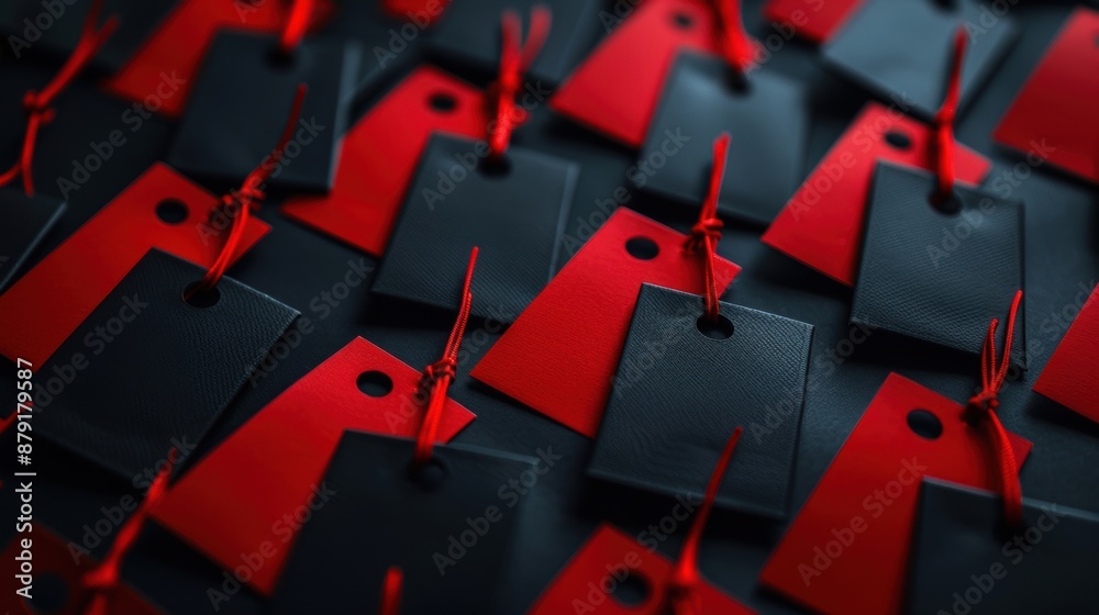 Obraz premium A collection of red and black gift tags tied with red strings, creating a striking and elegant presentation for gifts.