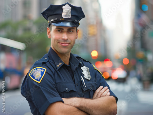 Smiling police officer in uniform standing confidently on a city street, showcasing public safety and community presence.