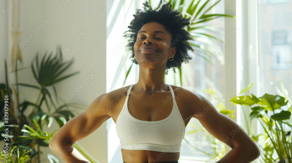 Morning treatments. A black woman dressed in a white T-shirt does morning exercises by the window in a bright room with several green plants. The beginning of a new day