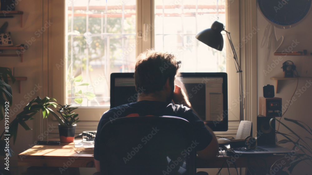 A man sits at a computer desk in a room with a window letting in sunlight and plants A man sits at a computer desk in a room with a window letting in sunlight and plants