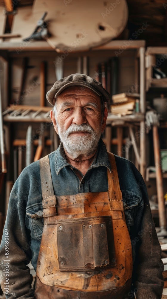 Portrait of a senior carpenter standing in his workshop with a weathered leather apron. The background is filled with tools and wood Portrait of a senior carpenter standing in his workshop with a weathered leather apron. The background is filled with tools and wood