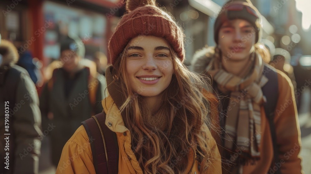 Young woman walks happily in a busy city street, wearing a bright yellow jacket and red beanie on a winter day, exuding urban chic Young woman walks happily in a busy city street, wearing a bright yellow jacket and red beanie on a winter day, exuding urban chic