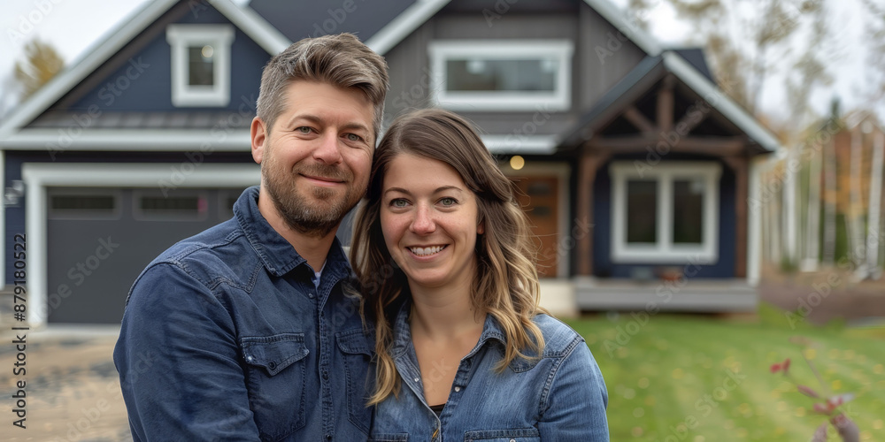 Smiling couple standing in front of their new home, symbolizing happiness and achievement in homeownership. Smiling couple standing in front of their new home, symbolizing happiness and achievement in homeownership.