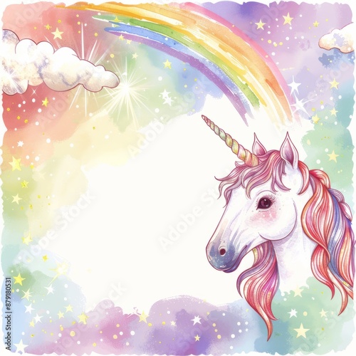 Cute pink unicorn, rainbow watercolor children's. © May