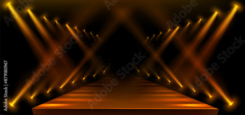 Fashion runway stage with golden spotlights and sparkles. Realistic 3d vector illustration of dark empty catwalk podium background. Abstract concert or night show studio corridor interior.