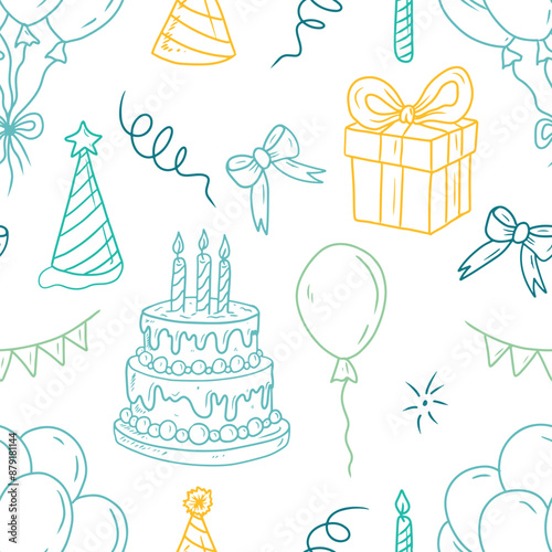 Seamless pattern in blue and yellow pastel colors for happy birthday celebration wrapping paper. Hand drawn vector sketch illustration in doodle engraved vintage line art style. Print, decoration