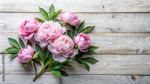 Delicate pink peonies with lush green leaves and subtle petals arranged artfully on a clean white wooden background.