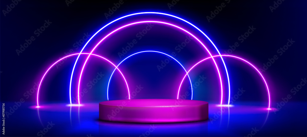Blue and purple studio room interior with cylinder product podium and neon glowing circular arch on wall. Realistic 3d vector mockup of showcase platform. Round goods pedestal for presentation.