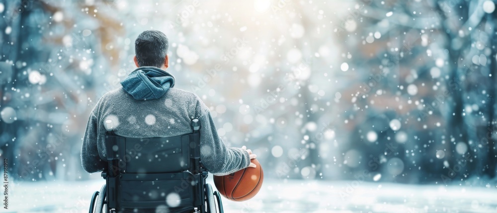 Man in wheelchair holding basketball, facing snowy winter landscape. Inspirational and empowering winter sports concept. Man in wheelchair holding basketball, facing snowy winter landscape. Inspirational and empowering winter sports concept.