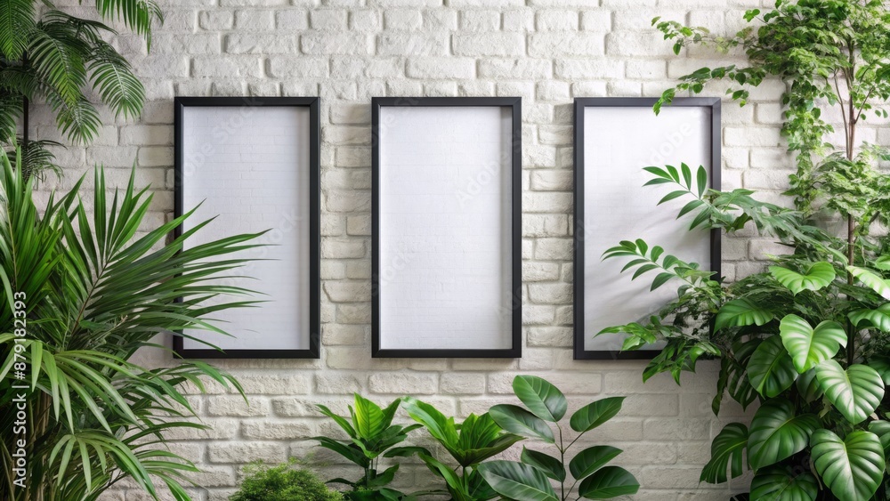Three sleek black frames in vertical alignment adorn a pristine white wall, surrounded by lush greenery of potted plant leaves. Three sleek black frames in vertical alignment adorn a pristine white wall, surrounded by lush greenery of potted plant leaves.