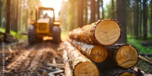Fototapeta Naklejka Na Ścianę i Meble -  Transporting raw timber with wheeled harvesters in forest clearing operations. Concept Lumber Harvesting, Forest Clearing, Timber Transportation, Industrial Logging, Heavy Machinery Operations