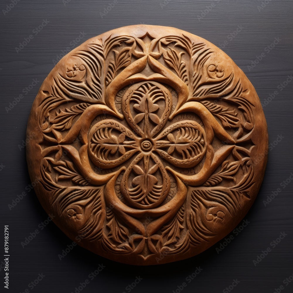 Freshly baked round bread with a golden crust, isolated on a dark background. The bread is crusty and has a soft, fluffy interior. It is perfect for sandwiches, toast, or as a side to soup or salad.