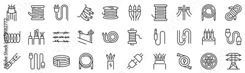 Set of 30 outline icons related to wires, cables. Linear icon collection. Editable stroke. Vector illustration