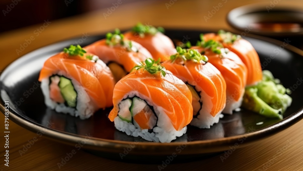 Deliciously crafted sushi rolls ready to be savored Deliciously crafted sushi rolls ready to be savored