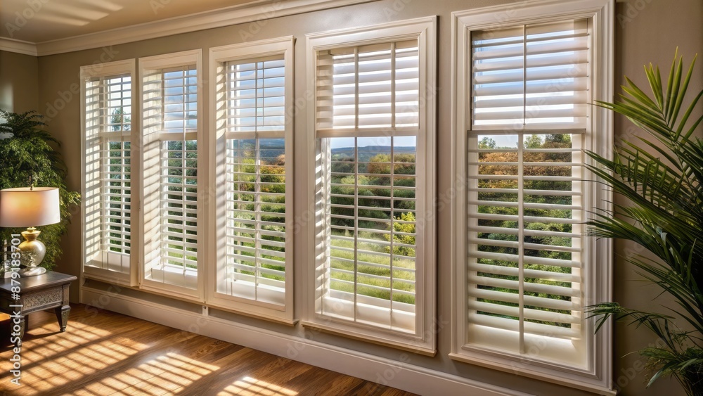 Fototapeta premium Elegant interior design featuring classic adjustable louvered window shutters on a sturdy frame, filtering natural light with precision control.