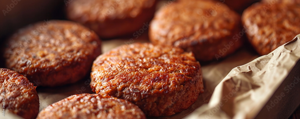 Box of frozen hamburger patties made with beef, ready to grill. Box of frozen hamburger patties made with beef, ready to grill.