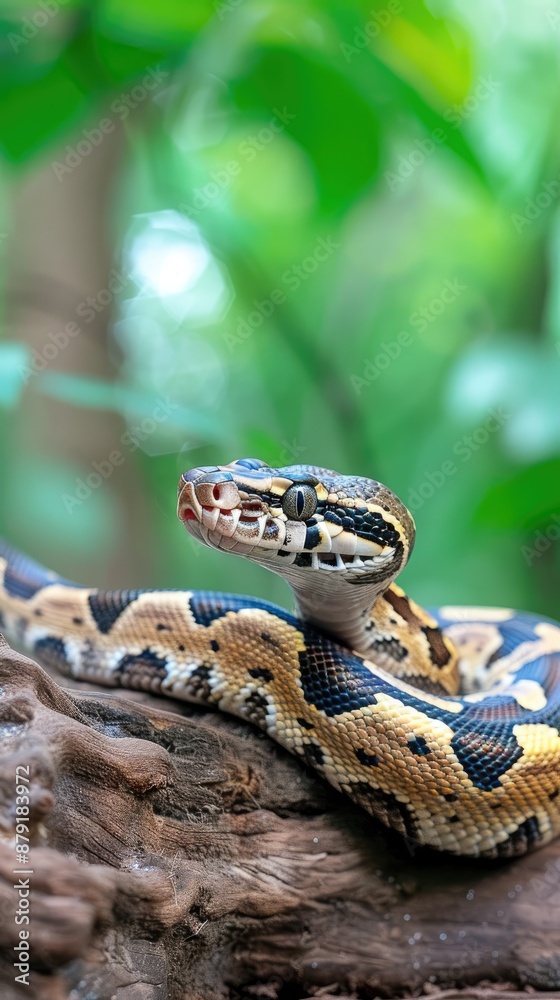Fototapeta premium A Python snake with brown, black, and cream markings is coiled on a tree branch, its head raised in a defensive posture. The background is a blurred image of a lush green forest