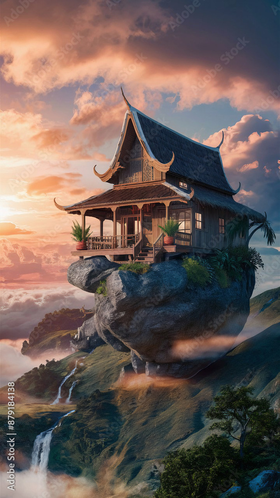 Naklejka premium traditional house floating above the clouds