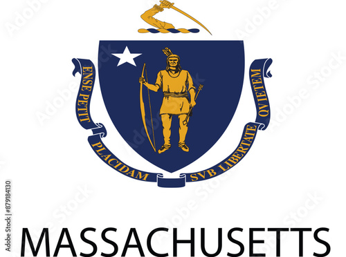 Massachusetts Flag, United States Flags, Black and White Image, Vector Image, Editable illustration, Geography, Learn US Flags