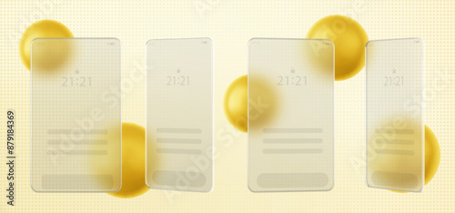 Mobile phone screen interface on blur rectangular transparent glass over gold sphere on pastel dotted texture background. Realistic 3d vector illustration of glass morphism smartphone template.