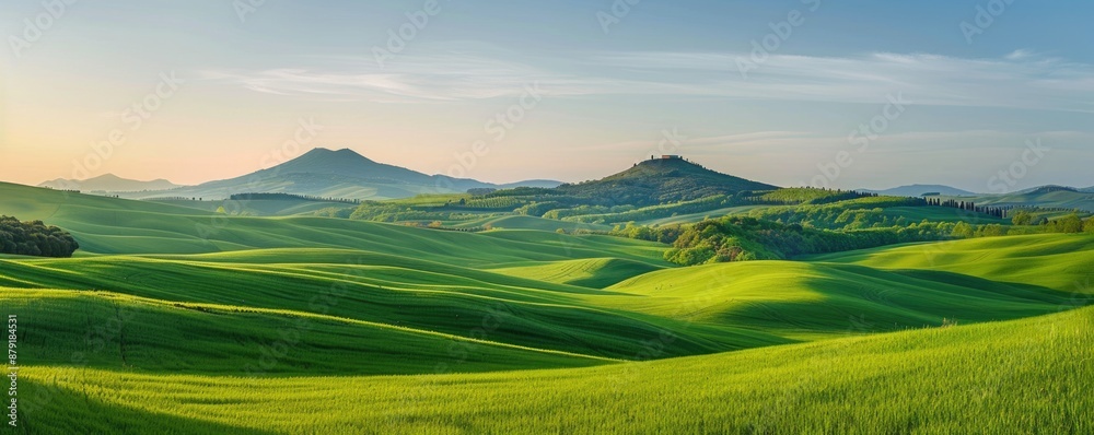 A panoramic view of the rolling hills and green fields. A panoramic view of the rolling hills and green fields.