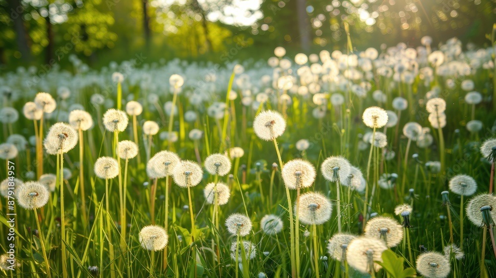 Meadow full of dandelion flowers in sunny day