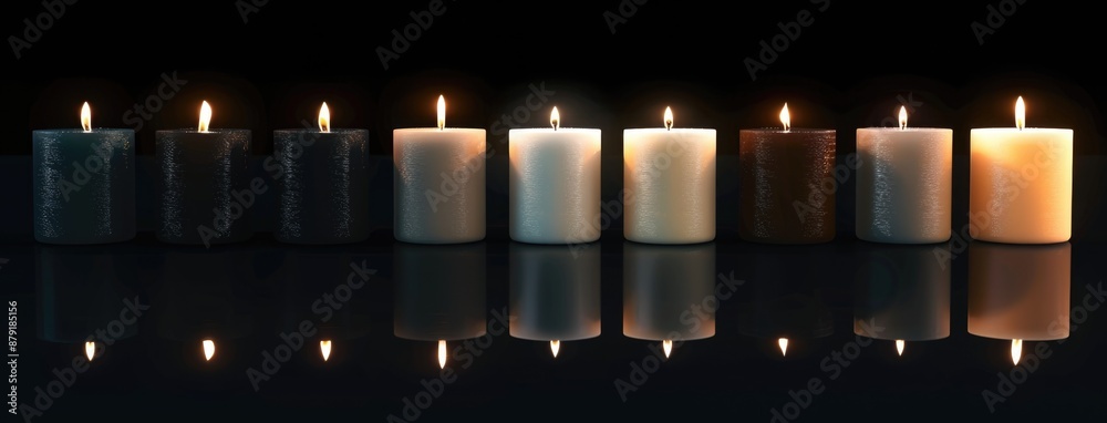 A series of candles on black background with reflection. A series of candles on black background with reflection.