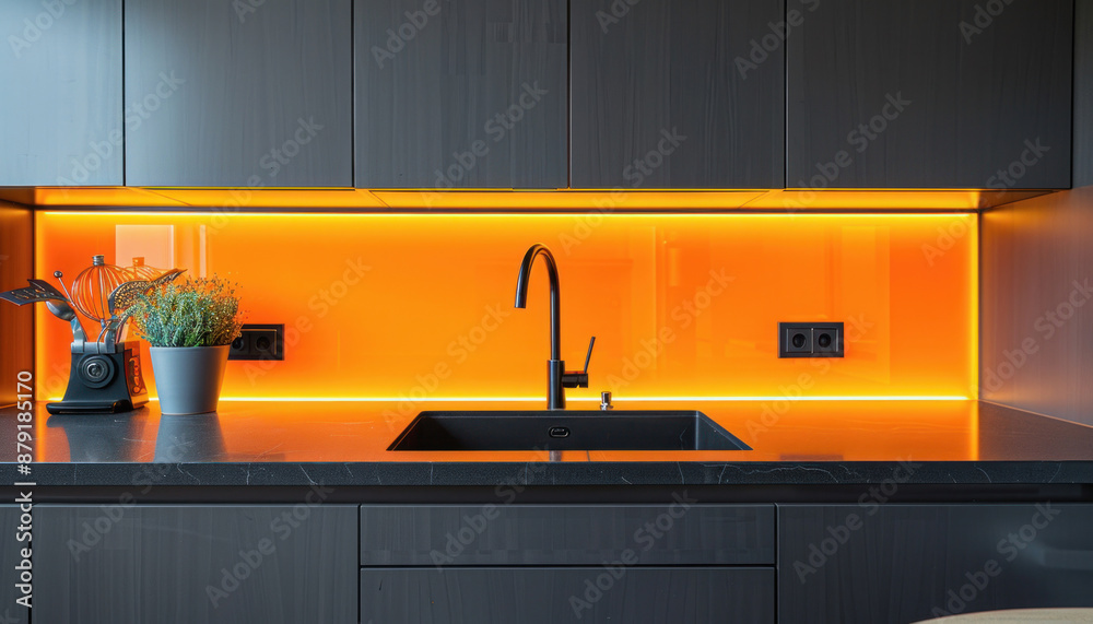 The kitchen includes a sink, tap, countertop, and orange lights mounted on the wall The kitchen includes a sink, tap, countertop, and orange lights mounted on the wall