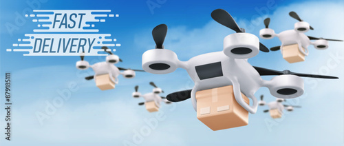 Fast delivery banner with flying drone robots and cardboard parcels in sky. Realistic 3d vector illustration of quadcopter with carton package for modern innovation technology unmanned shipping.