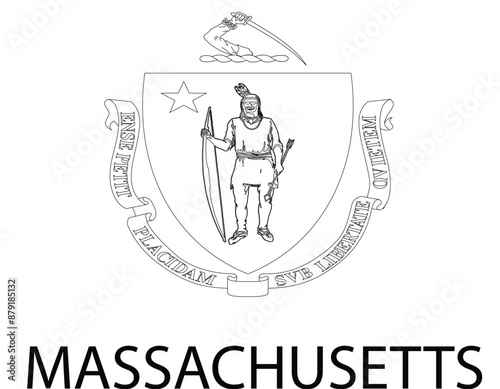 Massachusetts Flag, United States Flags, Black and White Image, Vector Image, Editable illustration, Geography, Learn US Flags