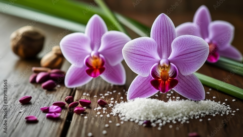 Elegance in Bloom A closeup of vibrant orchids on a rustic table Elegance in Bloom A closeup of vibrant orchids on a rustic table