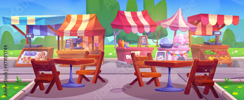 Street food stalls in summer city park. Vector cartoon illustration of outdoor booth selling seafood, coffee, hot dogs, candy floss, fruit and vegetables, wooden tables and chairs on lane, green trees