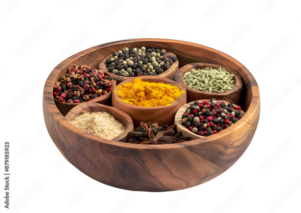 Wooden bowl filled with assorted spices and herbs Isolated on transparent background Wooden bowl filled with assorted spices and herbs Isolated on transparent background