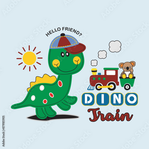 dinosaur and his little train accompanied by a koala,design cartoon vector illustration