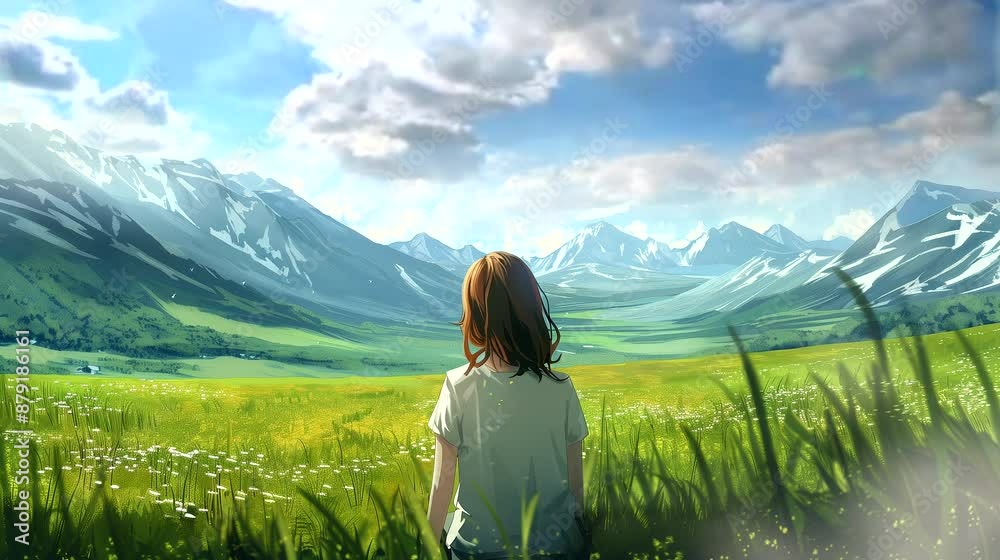 A girl takes in the view of a lush green meadow, framed by distant snow-capped peaks. Anime or digital painting style, looping 4k video animation background A girl takes in the view of a lush green meadow, framed by distant snow-capped peaks. Anime or digital painting style, looping 4k video animation background