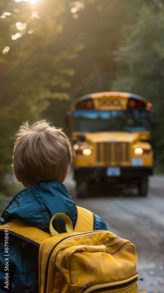 Schoolboy is standing on a gravel road with his back to the camera, wearing a backpack and waiting for the school bus to arrive on a sunny morning