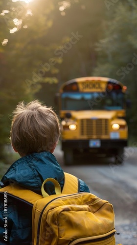 Obraz na płótnie Schoolboy is standing on a gravel road with his back to the camera, wearing a backpack and waiting for the school bus to arrive on a sunny morning w salonie