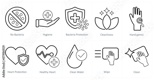 A set of 10 hygiene icons as no bacteria, hygiene, bacteria protection