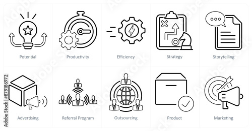 A set of 10 increase sale icons as potential, productivity, efficiency