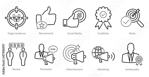 A set of 10 influencer icons as target audience, recommend, social media