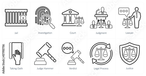 A set of 10 justice icons as jail, investigation, court