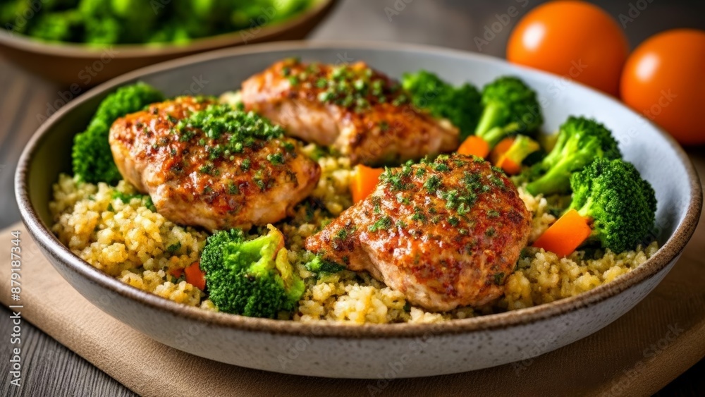 Fototapeta premium Deliciously balanced meal Grilled chicken quinoa and vibrant veggies