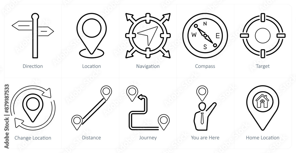 A set of 10 location icons as direction, location, navigation A set of 10 location icons as direction, location, navigation