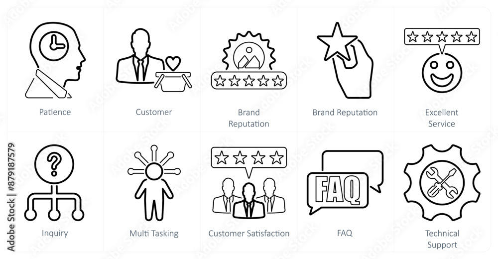 A set of 10 customer service icons as patience, customer, brand reputation A set of 10 customer service icons as patience, customer, brand reputation
