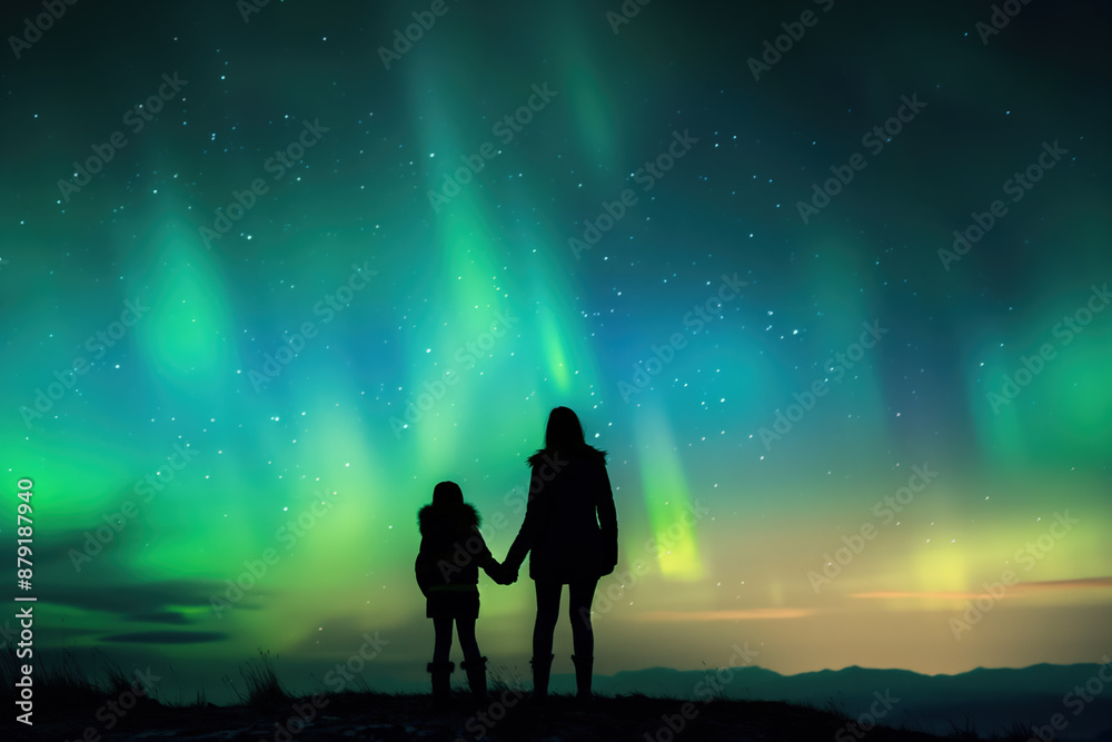 Mother and daughter holding hands watching the northern lights aurora borealis Mother and daughter holding hands watching the northern lights aurora borealis