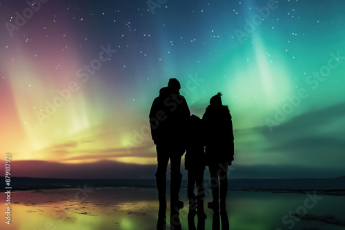 Family watching aurora borealis northern lights together